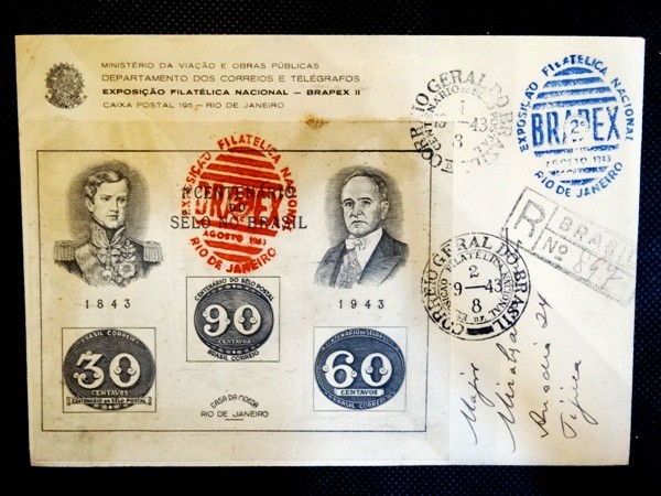 Brasil, FDC com bloco da Brapex de 1943 com CBC,s e 1º dia. Envelope. Registrado / circulado raríssi