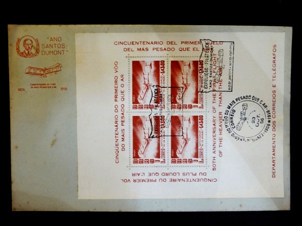 Brasil, FDC de 1956 com o bloco do 14 Bis e CBC´s alusivos ao tema Santos Dumont. Raro e em Bom esta