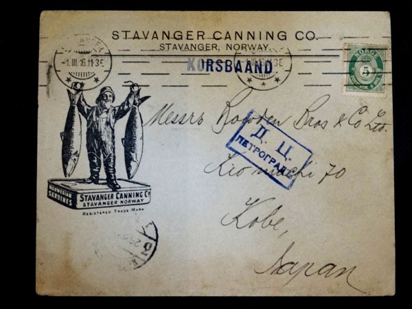 Noruega, envelope publicitário circulado em 1911 com propaganda de Industria Noroeguesa pesqueira de