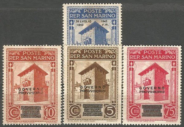 Filatelia: (4) Selos Clássicos da República de San Marino. Sobrecarga Governo Provisório. Muito bem