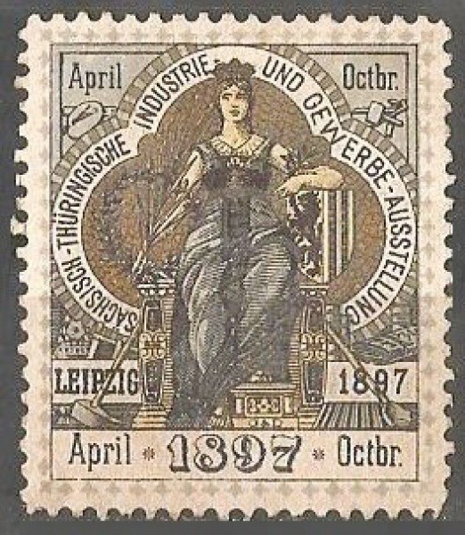 Filatelia: Cinderela comemorativa da Exposição Industrial e Artesanato da Saxônia-Turíngia, 1897. Mu