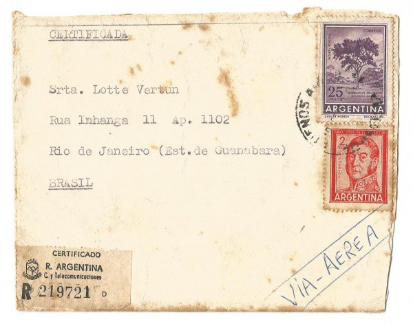 Envelope Via Aérea Argentino circulado para o Brasil, 1966. Bem conservado.