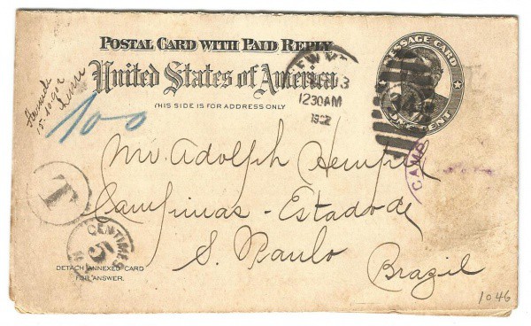 Postal dos Estados Unidos circulado para o Brasil em 1902, carimbo de taxa