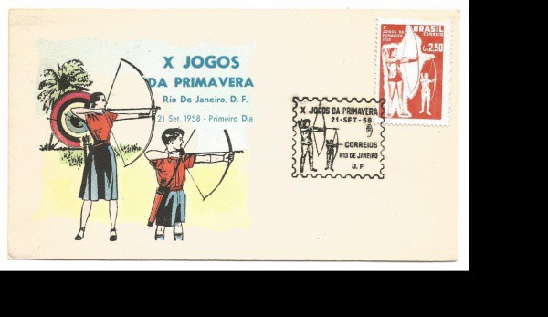 Envelope Comemorativo X Jogos da Primavera - 1958. 1º Dia de Circulação. Conserva selo e carimbo. MB