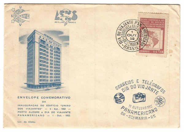 Filatelia: Envelope Comemorativo da Inauguração do Edificio "União dos Viajantes" - 1952. Co