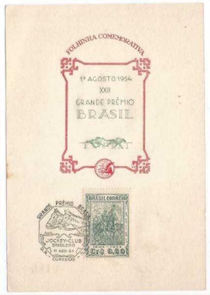 Filatelia: Folhinha Comemorativa XXII Grande Premio Brasil - Jockey Club Brasileiro - 1954. Preserv