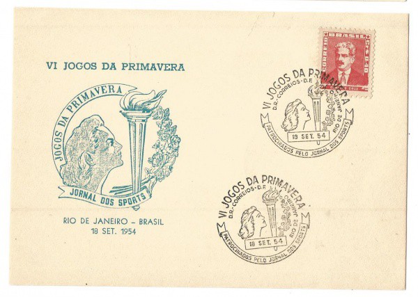 Filatelia: Folhinha Comemorativa VI Jogos da Primavera - 1954. Conserva selo e carimbos. MBC.