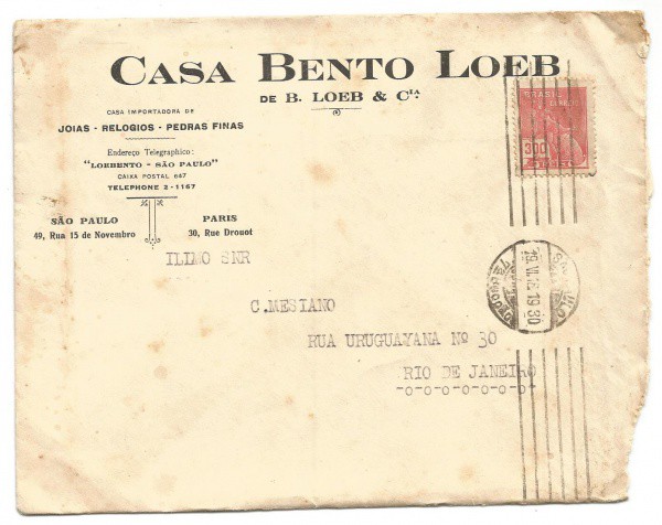 História Postal: Envelope Comercial da Casa Bento Loeb - importadora de joias, relógios e pedras fin