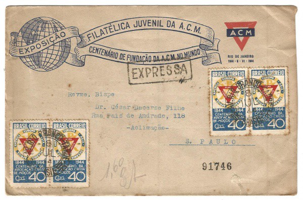 Filatelia: Envelope Comemorativo Centenário de Fundação da A. C. M. no Mundo - 1944 - São Paulo. Con