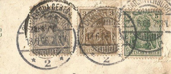 Filatelia: (3) Selos Clássicos do Império Alemão sobre fragmento, carimbo de 1906. MBC.
