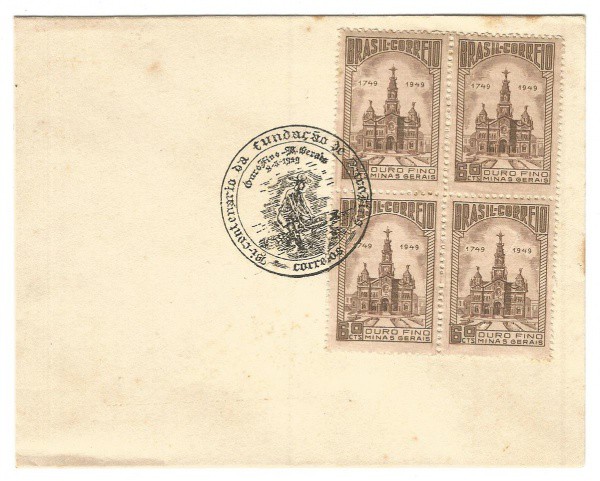 Filatelia: envelope Comemorativo Bicentenário da Fundação de Ouro Fino - 1949 - Minas Gerais. Conser