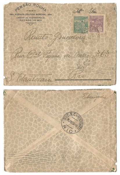 Envelope publicitário da Pensão Rocha. Carimbo de S. Christovão para Therezopolis. Circulado em 1923