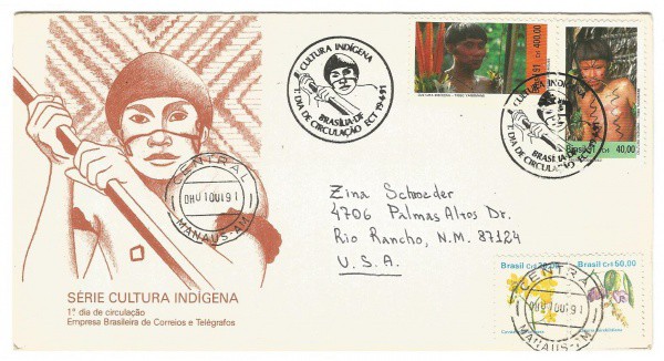 Filatelia: Envelope Comemorativo Série Cultura Indígena - 1991. 1º Dia de Circulação. Conserva selos