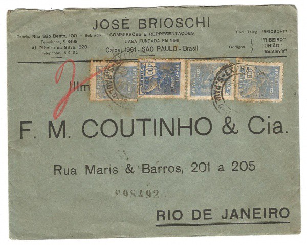 Envelope publicitário da F. M. Coutinho & Cia. Circulado em 1938. Bem conservado.