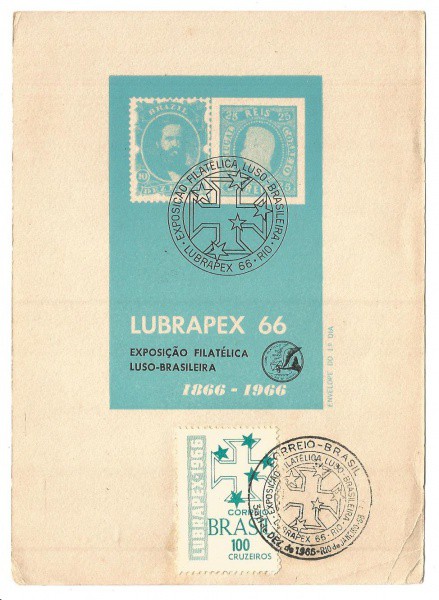 Filatelia: Folhinha Comemorativo Lubrapex de 1966. Conserva selo e carimbo. MBC.