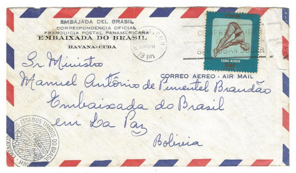 Envelope Correio Aéreo da Embaixada do Brasil em Havana - Cuba. Bem conservado.