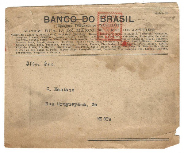 Envelope do Banco do Brasil. Porte fixo 300 reis, 17 de julho de 1930. Bem conservado.