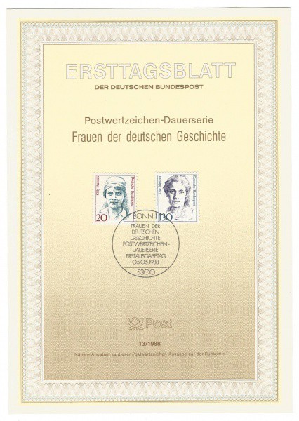 Filatelia: Folhinha Comemorativa Alemã, carimbo de 1º Dia de Circulação - Frauen der deutschen Gesch