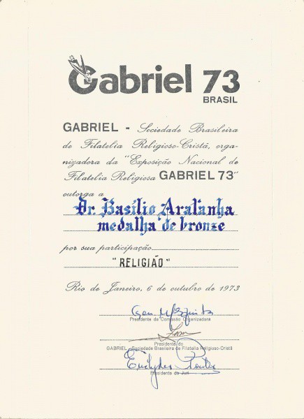 Filatelia: Curioso Diploma da Sociedade Brasileira de Filatelia Religioso-Cristã. Gabriel 73. Divers