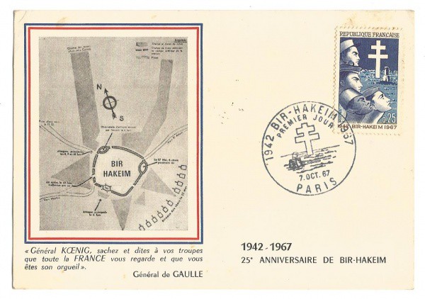 Filatelia: Folhinha Comemorativa 25 Aniversário de Bir-Hakeim - 1967 - Paris. Conserva selo e carim