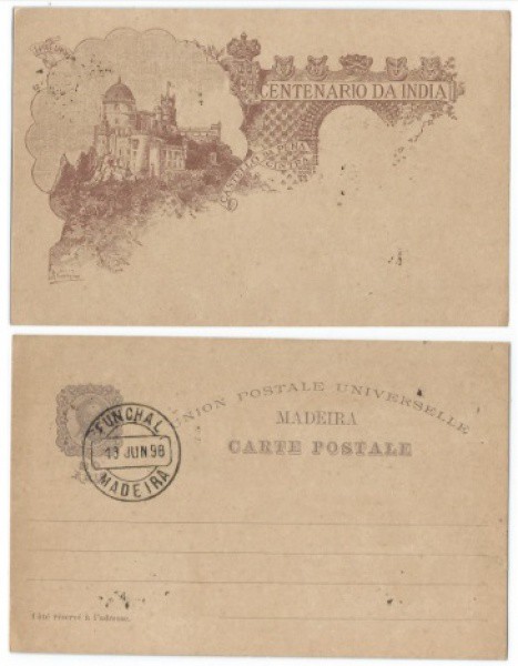 Bilhete Postal Madeira, centenário da Índia. Porte fixo de 20 reis e carimbo Ano 1898. MBC.