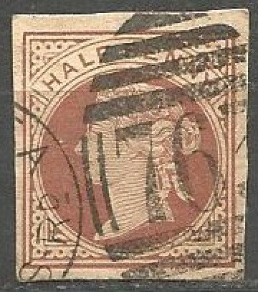 Filatelia: Selo Clássico do Império Britânico Rainha Vitória Half Penny. Carimbo Postal. Muito bem c