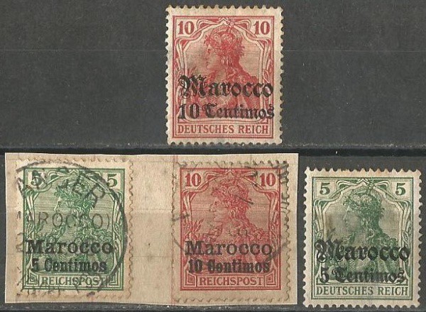 Protetorado do Império Alemão: (4) Selos Clássicos do Marrocos. Muito bem conservados.