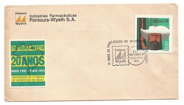 Filatelia: Envelope Industria Farmacêuticas,Fontoura - Weyth S.A.Circulado em 1974.MBC
