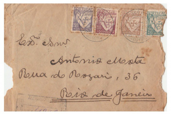 História postal: Envelope circula de Portugal para o Brasil, 1935. Carimbos e selos. Estado de conse