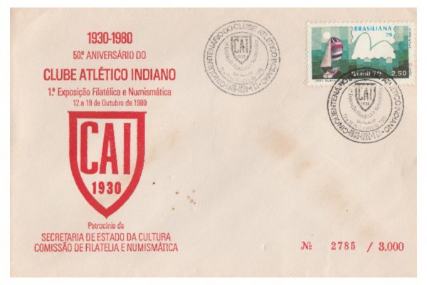 Filatelia: Envelope comemorativo do 50.º Aniversário do Clube Atlético Indiano de São Paulo, 1930 /