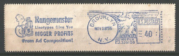 Filatelia: Franquia Mecânica Americana com Publicidade. Brookliyn, 1955, NY. Excelente estado.