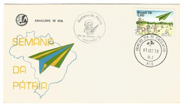 Filatelia: Envelope comemorativo da Semana da Pátria - 1978. 1º Dia de Circulação. Conserva selo e c