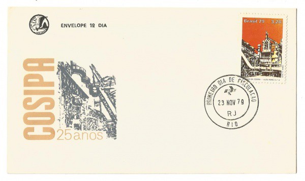 Filatelia: Envelope comemorativo Cosipa 25 anos - 1979. 1º Dia de Circulação. Conserva selo e carimb