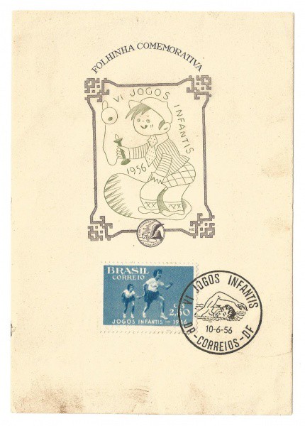Filatelia: Folhinha Comemorativa do VI Jogos Infantis - 1956. Conserva selo e carimbo. MBC.