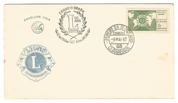 Filatelia: Envelope comemorativo LIONS 50 Anos - 1967. 1º Dia de Circulação. Conserva selo e carimbo