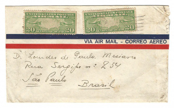 Envelope Via Aérea Americano circulado para o Brasil. Preserva os Primeiros selos Aéreos definitivos