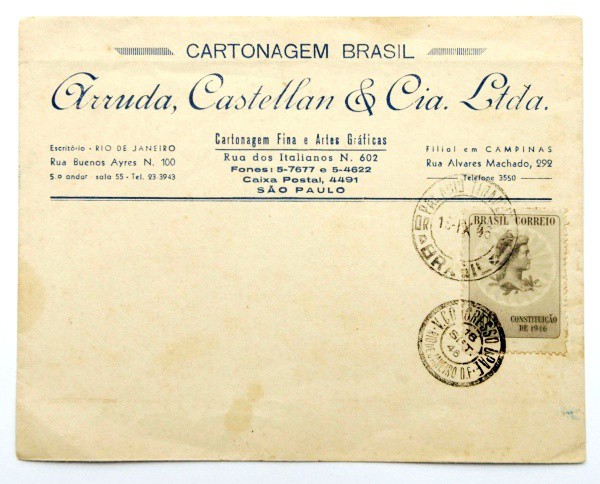Filatelia: Envelope comemorativo Arruda, Castellan & Cia. Ltda - São Paulo - 1946. Conserva selo e c