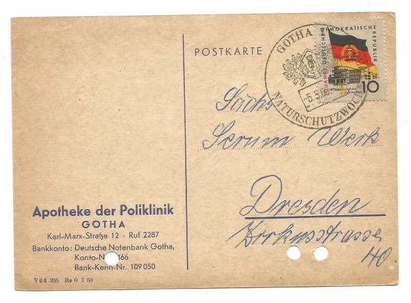 Bilhete postal Alemanha socialista, selo com a bandeira RDA. Circulado em 1960 (pré muro). Conservad