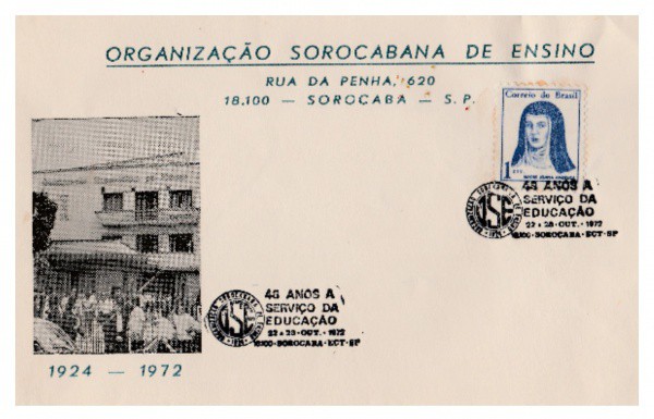 Filatelia: Envelope comemorativo - Organização Sorocabana de Ensino de São Paulo, 1924 / 1972.