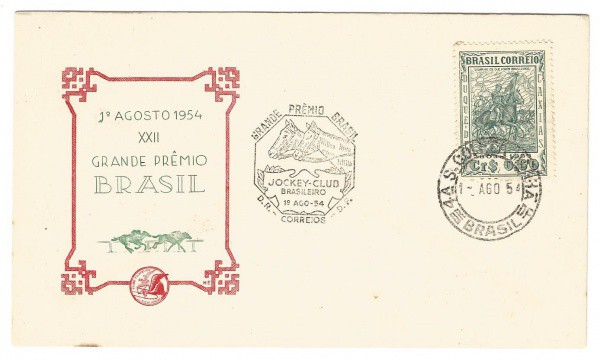 Filatelia: Envelope comemorativo do XXII Grande Prêmio Brasil - 1954. Conserva selo e carimbos. MBC.