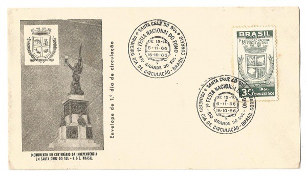 Filatelia: Envelope comemorativo do Monumento do Centenário da Independência em Santa Cruz do Sul -