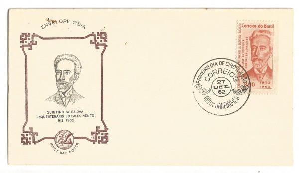 Filatelia: Envelope comemorativo do Cinquentenário do Falecimento de Quintino Bacaiúvo - 1962. 1º Di