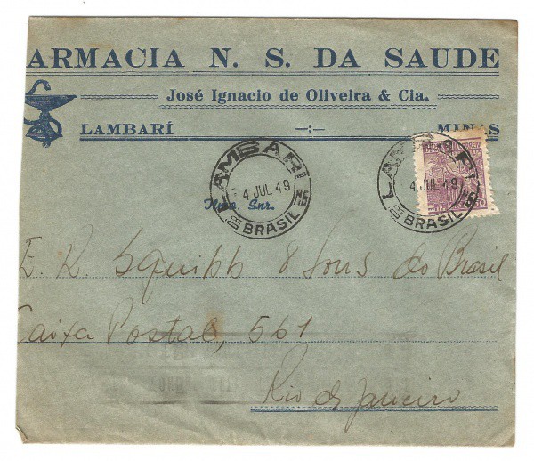 Envelope de Farmácia circulado em Lambari - MG. Bem conservado.