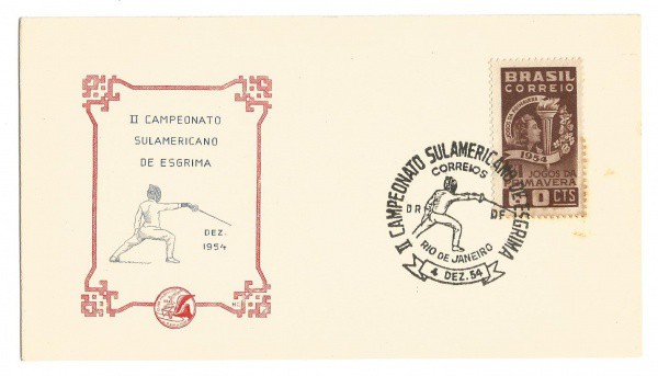 Filatelia: Envelope comemorativo do II Campeonato Sulamericano de Esgrima - Rio de Janeiro - 1954. C