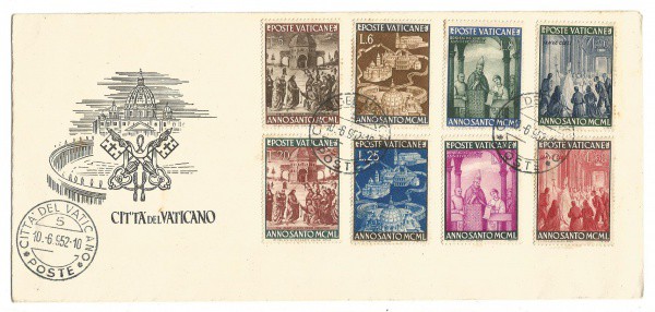 Envelope com temática filatélica do Vaticano, 1952. Muito bem conservado.
