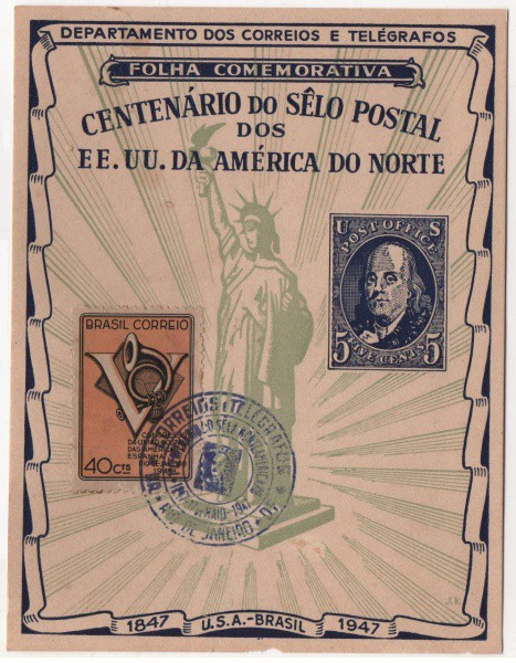 Filatelia: Folhinha Comemorativa do Centenário do Selo Postal EE. UU. da America do Norte - 1947. Pr