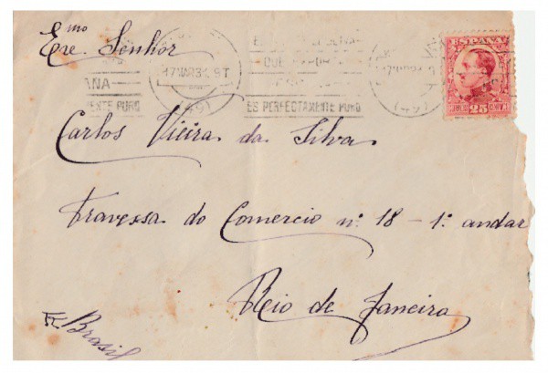 História postal: Envelope circula da Espanha para o Brasil, 1931. Carimbos e selo. Estado de conserv