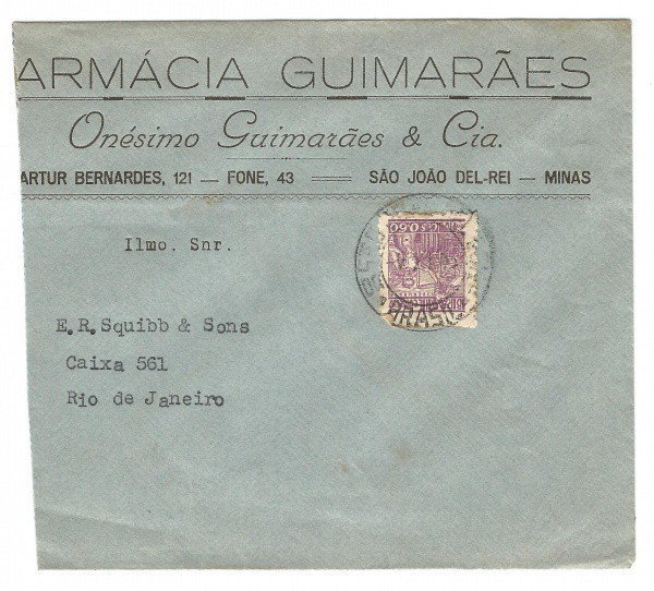 Envelope de Farmácia circulado em São João del Rei - MG. Bem conservado.