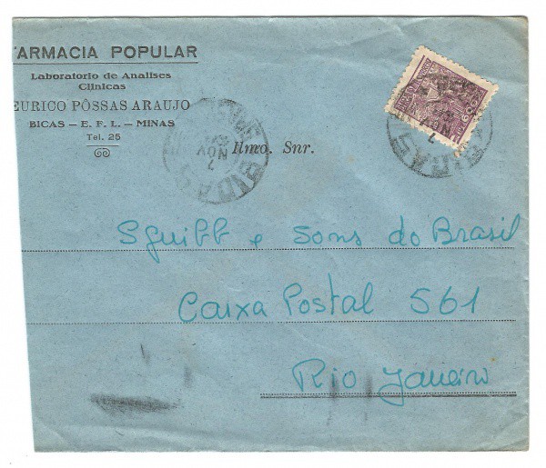 Envelope de Farmácia circulado em Bicas - MG. Bem conservado.