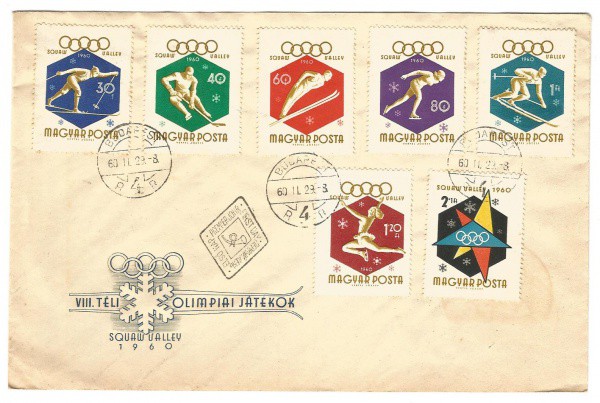 Envelope das Olimpiadas de Inverno 1960 com temática filatélica da Húngria. Bem conservado.